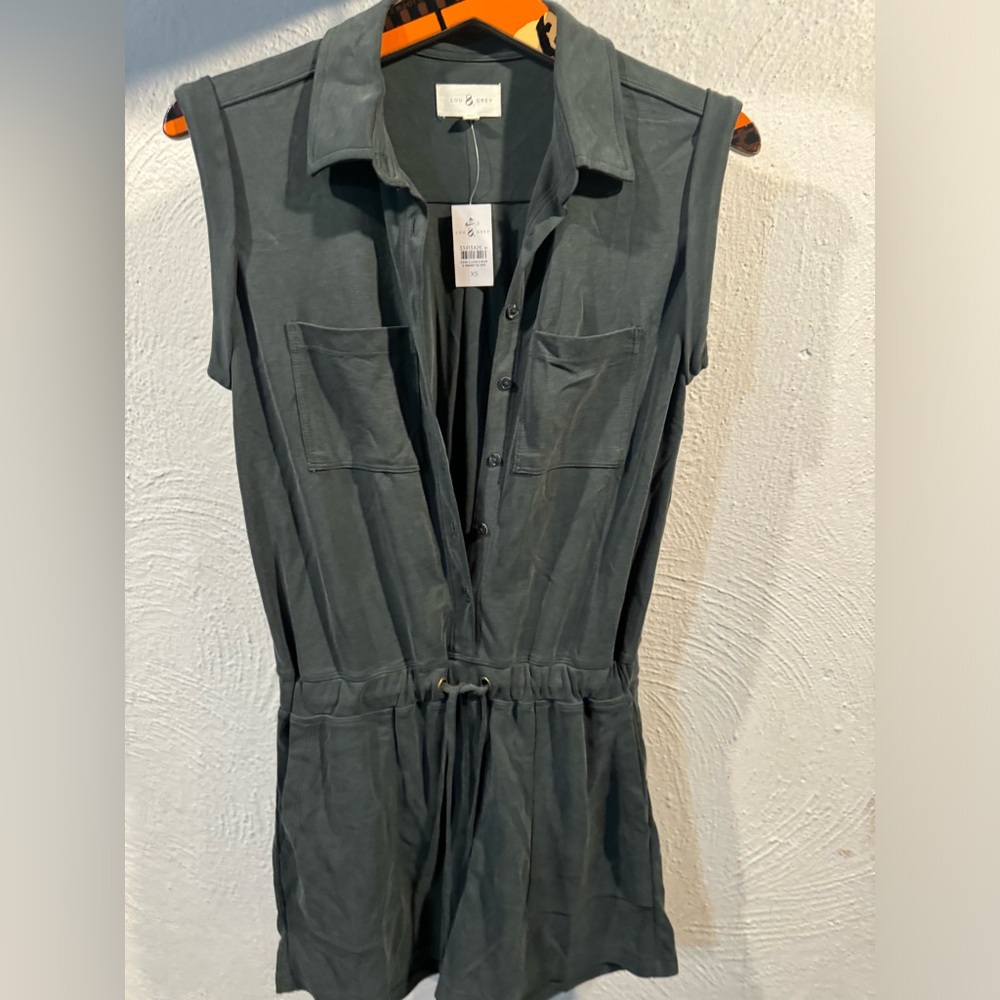 Lou & Grey Collared One Piece Shorts Romper Women's XSmall Dark Green Sleeveless